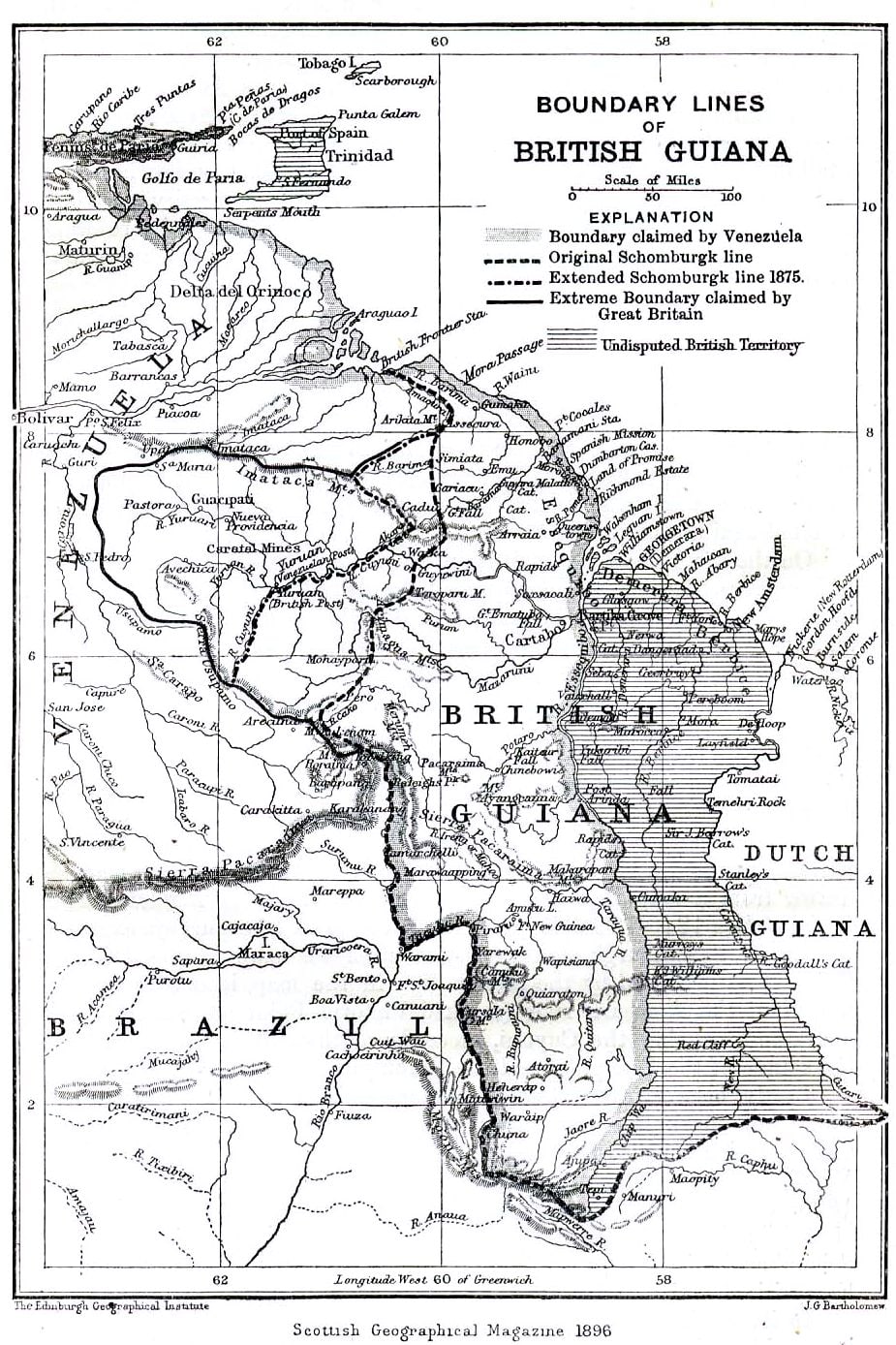 An 1896 map drawing four lettered competing boundary lines across the Essequibo region