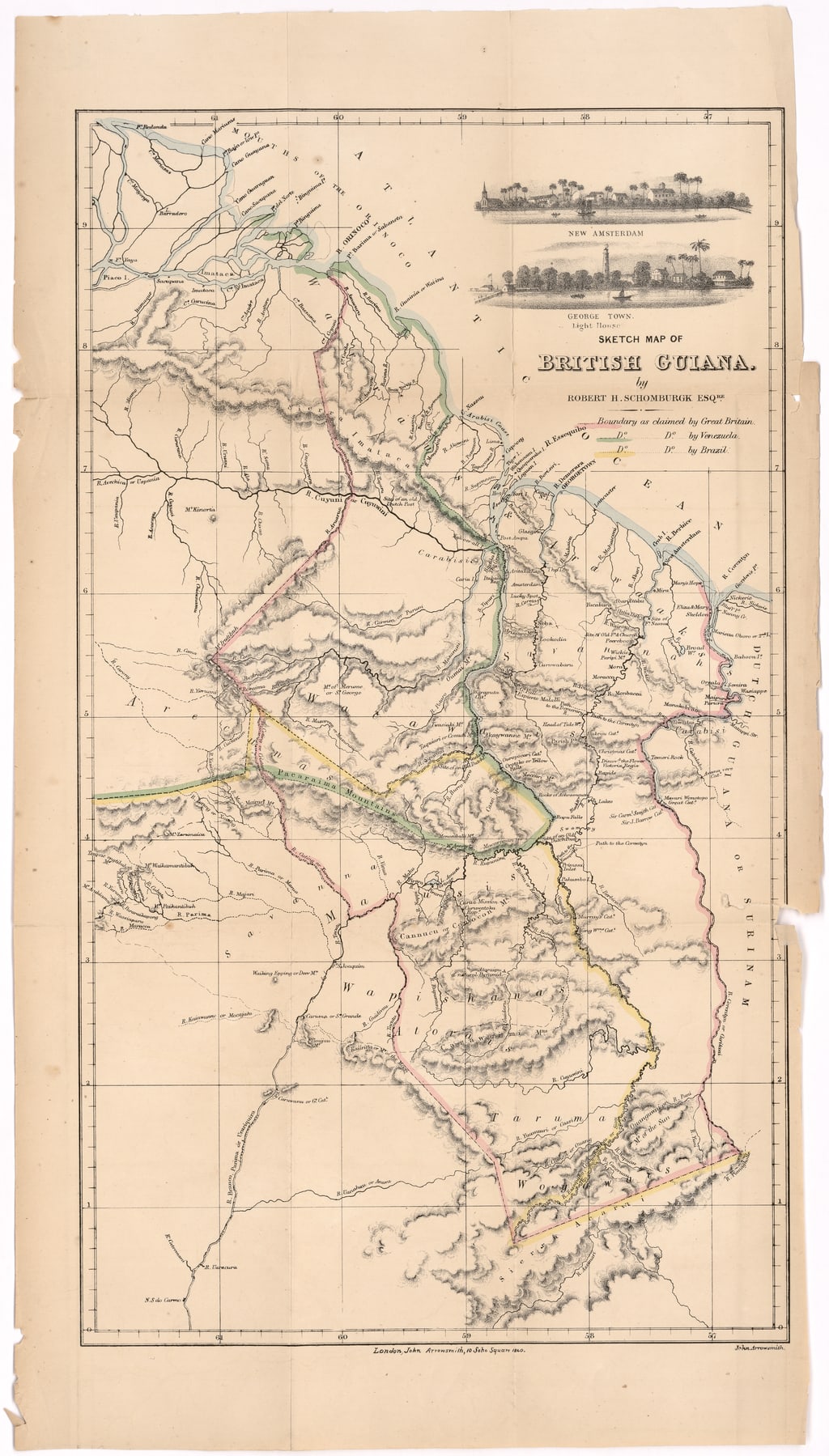 Robert Schomburgk's 1840 sketch map of British Guiana showing competing claims