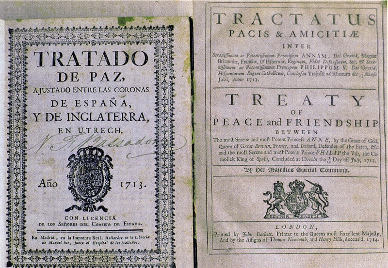El Tratado de Utrecht, 1713: primera edición española junto a una impresión en latín y en inglés