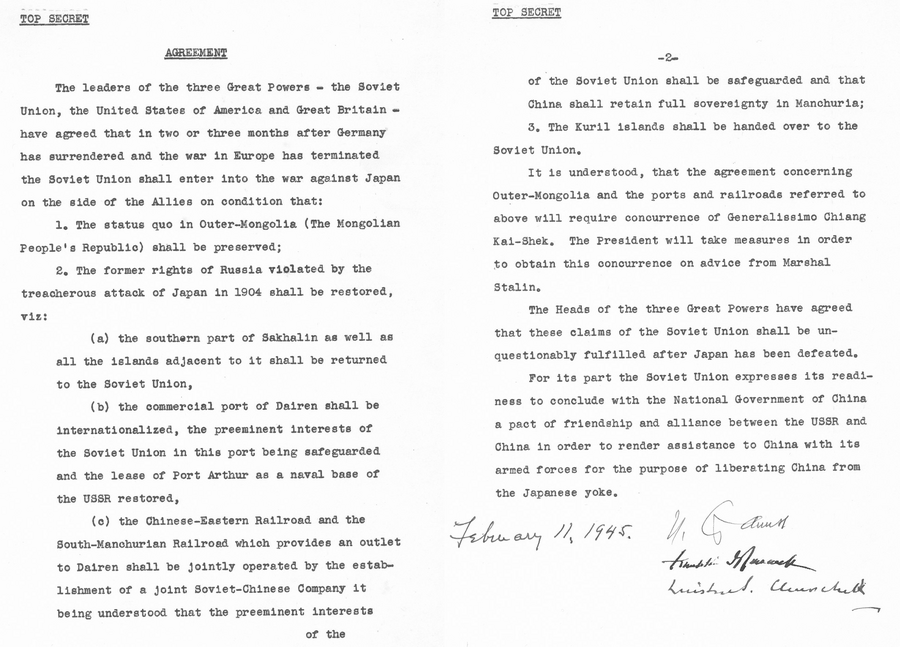 The Yalta Agreement of 11 February 1945, page bearing the Kuril Islands clause